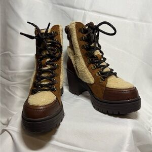 Sun and Stone Brown and Cream Fuzzy Lace-Up Boots size 5.5